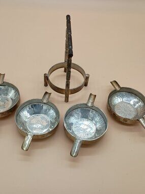 Vintage Individual Ashtray Stacking Set w/ Holder Silver Plated Midcentury Asian